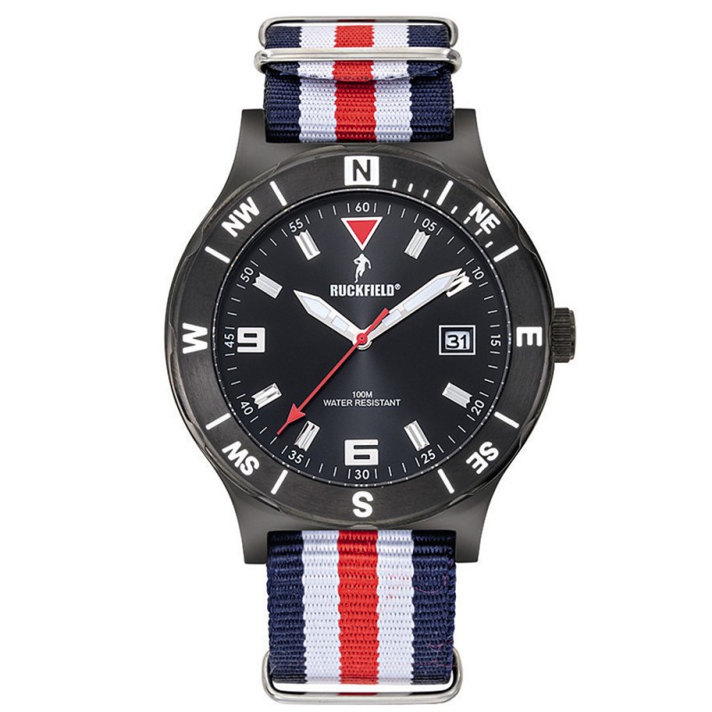 Ruckfield Montre Homme Acier Noir Nato Bleu Blanc Rouge 685139 Ruckfield Montre Homme Acier Noir Nato Bleu Blanc Rouge 685139
