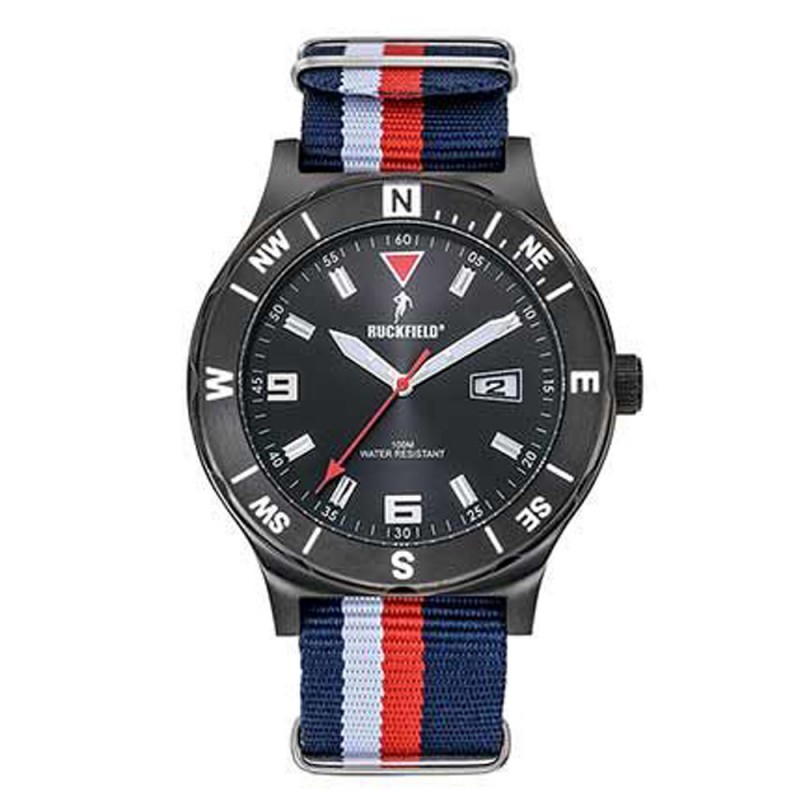 Ruckfield Montre Homme Acier Noir Nato Bleu Blanc Rouge 685141 Ruckfield Montre Homme Acier Noir Nato Bleu Blanc Rouge 685141