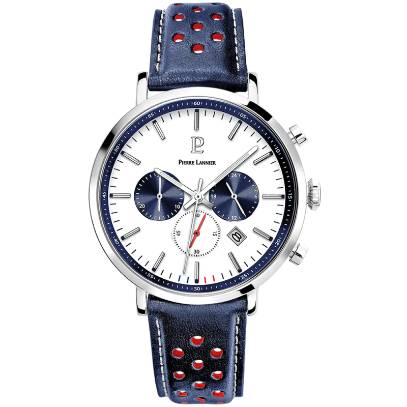 Pierre Lannier Baron Montre Homme Chrono Acier Cuir Bleu 219G106 Pierre Lannier Baron Montre Homme Chrono Acier Cuir Bleu 219G106