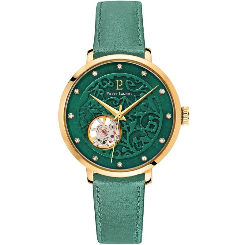 Pierre Lannier Eolia Automatic Montre Femme Acier Doré Cuir Vert 310F577