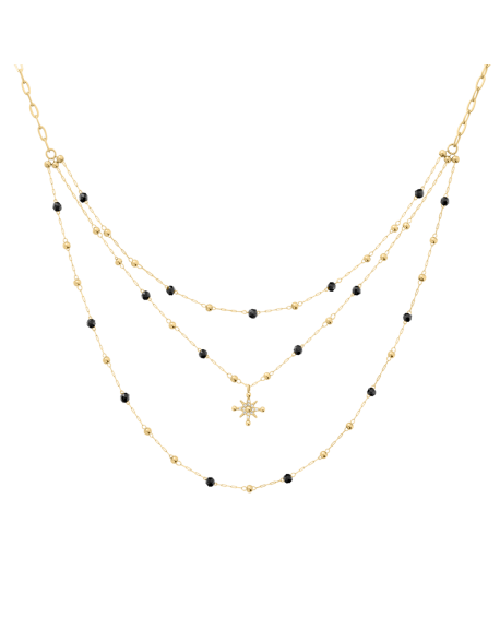 Pierre Lannier Collier Acier Doré Perles Noires BJ22A8231