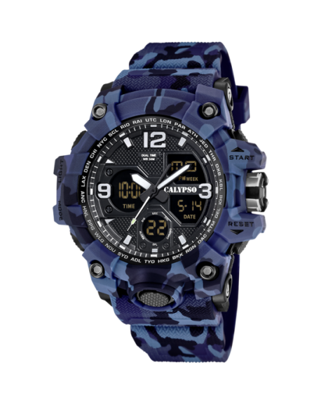 Calypso X-Trem Montre Homme Double Affichage Bracelet Camouflage Bleu K5855/2