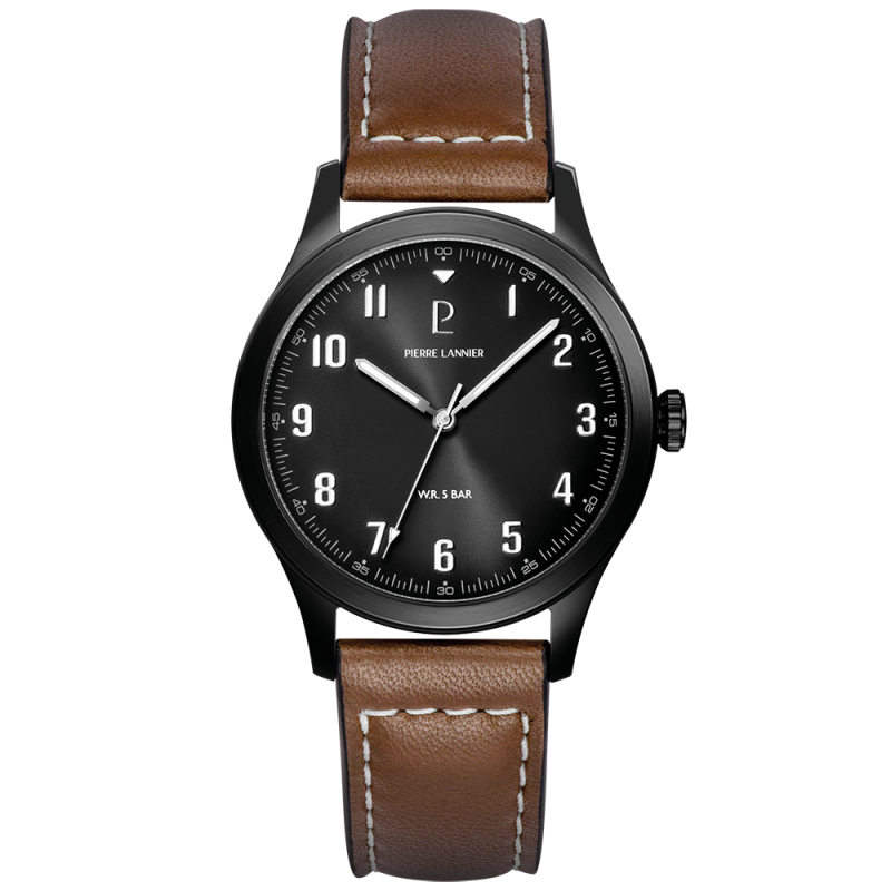 Pierre Lannier Aviateur Montre Homme Acier Noir Cuir Marron 261K434 Pierre Lannier Aviateur Montre Homme Acier Noir Cuir Marron 261K434