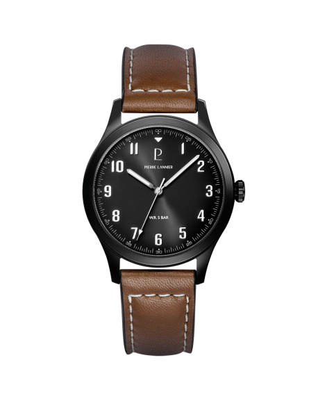Pierre Lannier Aviateur Montre Homme Acier Noir Cuir Marron 261K434