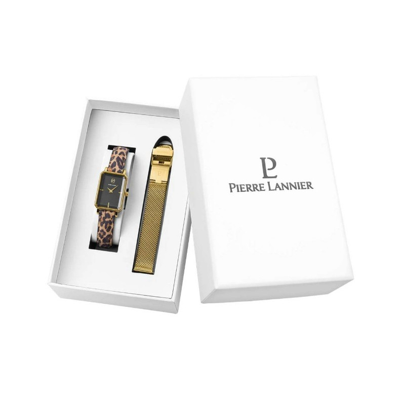 Pierre Lannier Ariane Coffret Montre Femme Acier Doré Cuir Panthère 166F539